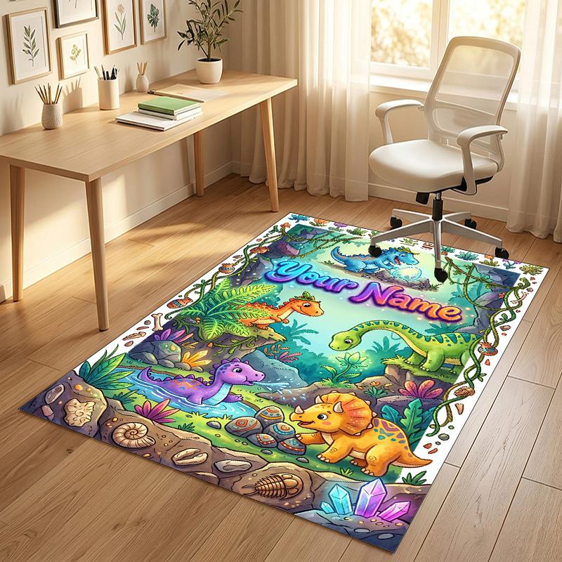 Dinosaur Theme Crystal Velvet Rug Personalized Custom Name Text Soft Floor Mat Home Decor