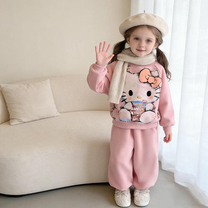 2026 Stylish Girls' Fleece-Lined Hoodie & Jogger Set - Winter Warm Cartoon Design