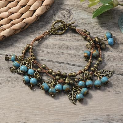 Vintage Ceramic Beaded Bracelet Women Adjustable Multi Strand Handcrafted Jewelry with Metal Leaf Charms and Toggle Clasp for Everyday Wear