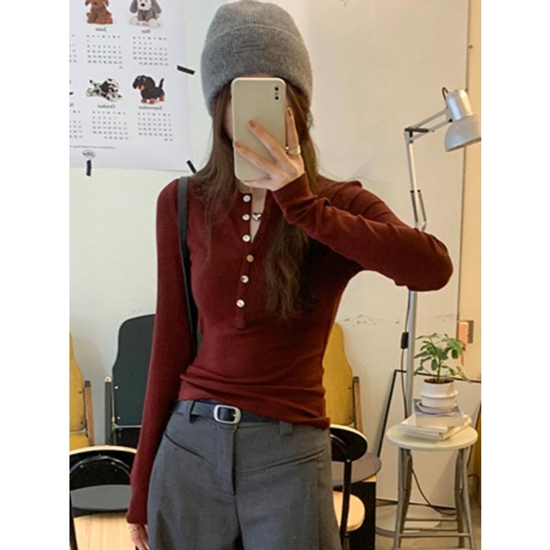 Button Henry Collar Shoulder Long Sleeve Shirt Women's Spring and Autumn Slim Fit Mousse Imitation Cashmere Inner Spice Girl Bottom Top