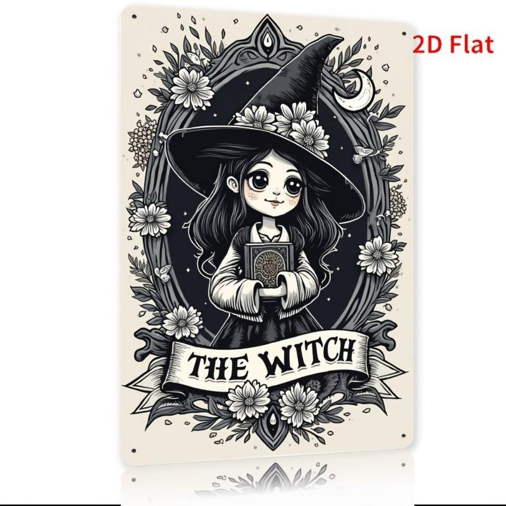 Funny and Satirical MetalTin Sign Ironwork  Black and White A Female Witch Holding a Book with a Decorative Border 20X30CM