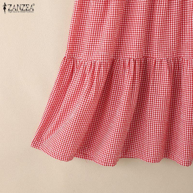 ZANZEA Women Casual Round Neck Summer Short Sleeve Plaid Print Dress