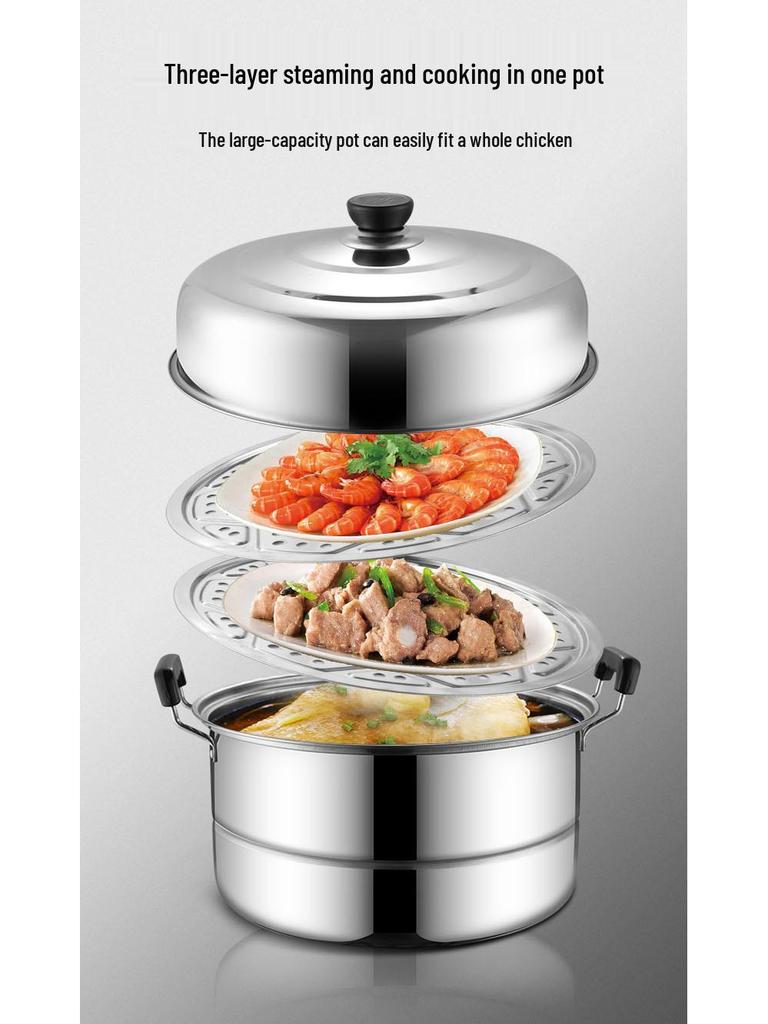 Large Stainless Steel Multi-Layer Steamer Pot for Steaming, Soup, and Fish, Compatible with Induction and Gas Stoves