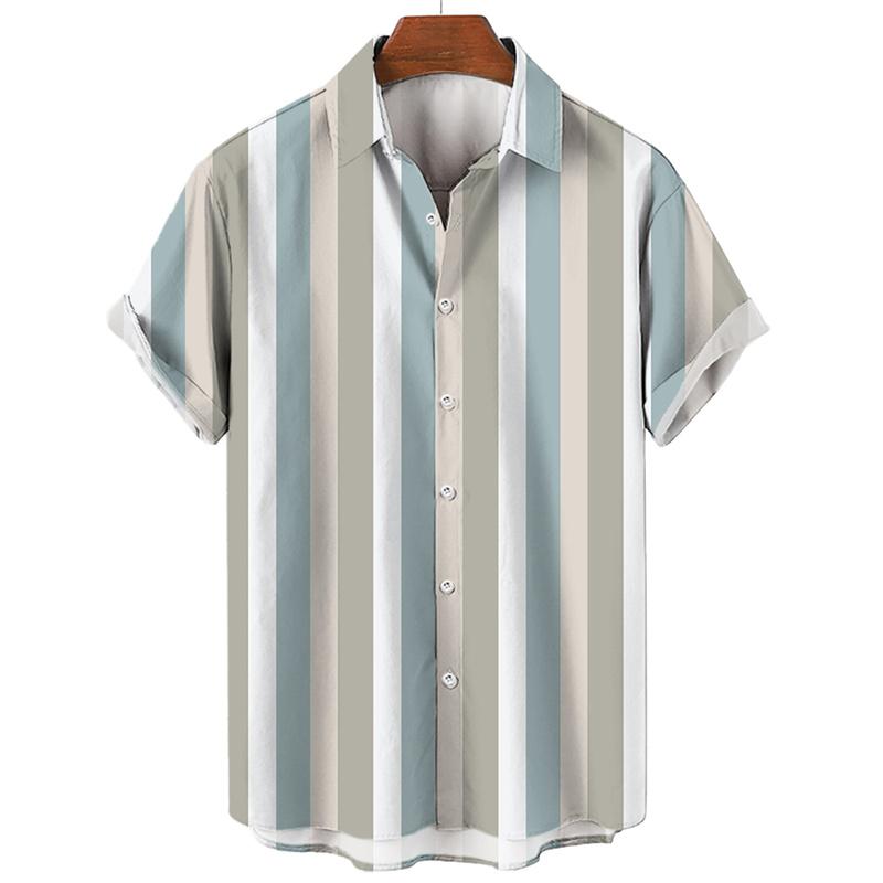 Men's Hawaiian Shirt Summer Stripe Printed Short Sleeved Shirts Lapel Button Large Men Street Clothing Fashion Casual Social Top
