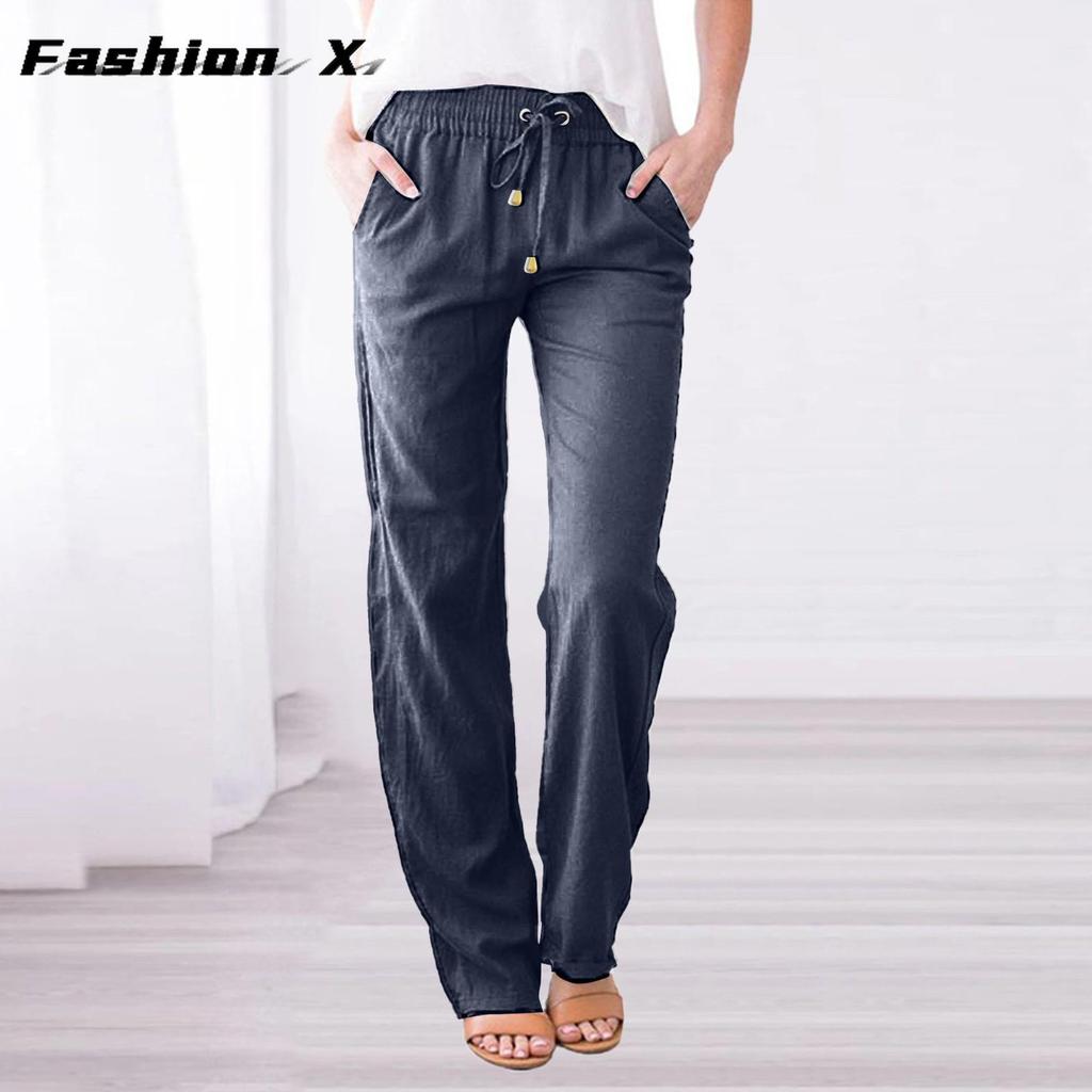 Pantaloni da donna larghi a gamba larga tinta unita cotone lino coulisse pantaloni casual