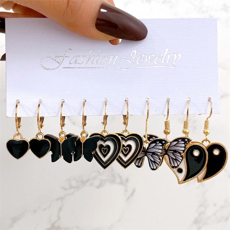 Fashion Black Heart Butterfly Earring Set For Women Y2K Checkerboard Resin Multi-layered Yinyang Heart Dangle Metal Jewelry