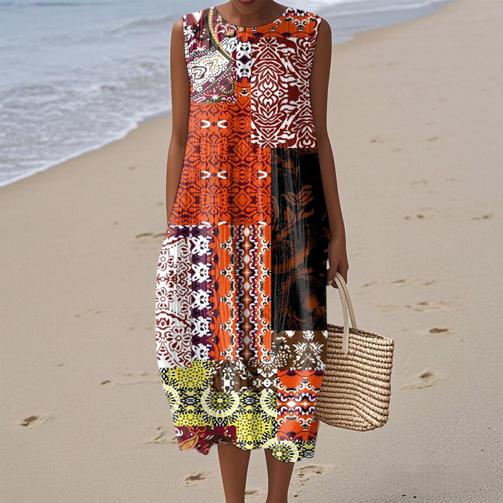 

Женское модное повседневное платье без рукавов с круглым вырезом в стиле ретро в стиле бохо с элегантным темпераментом XL киноварь