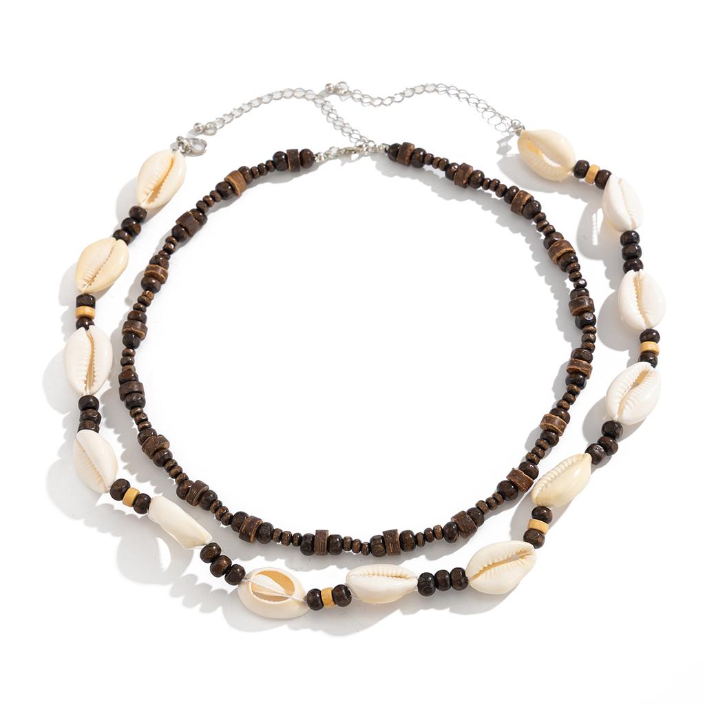 Salircon 2Pcs/Set Retro Gothic Scallop Wood Beaded Chain Necklace Men Hip Hop Fashion Versatile Handmade Choker Necklace Jewelry