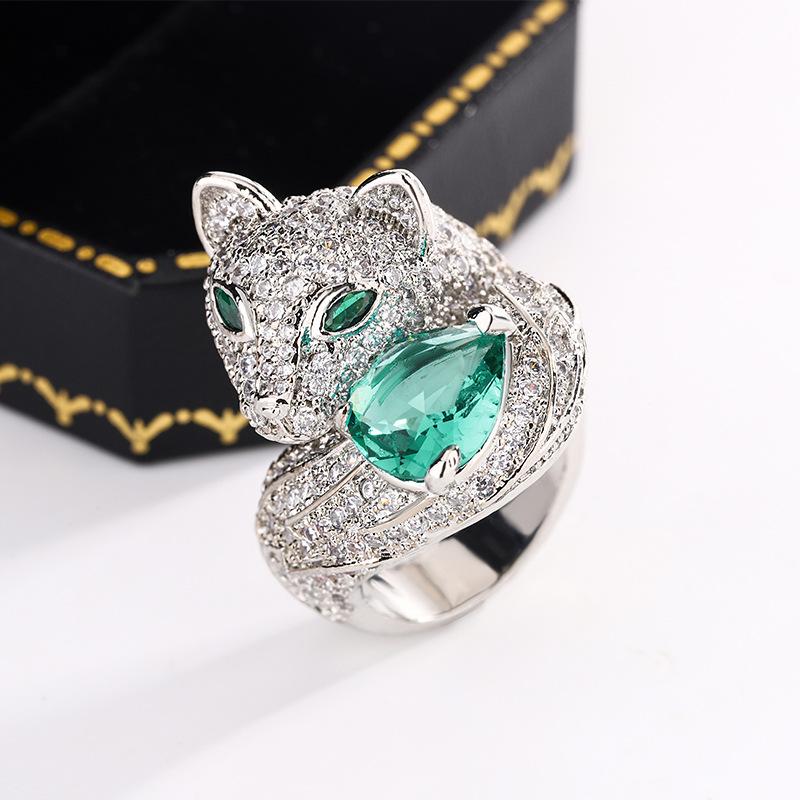 Silver New Fox Full Diamond Ring Female Seiko Drop Green Moissanite Ring Party Birthday Jewelry Gift