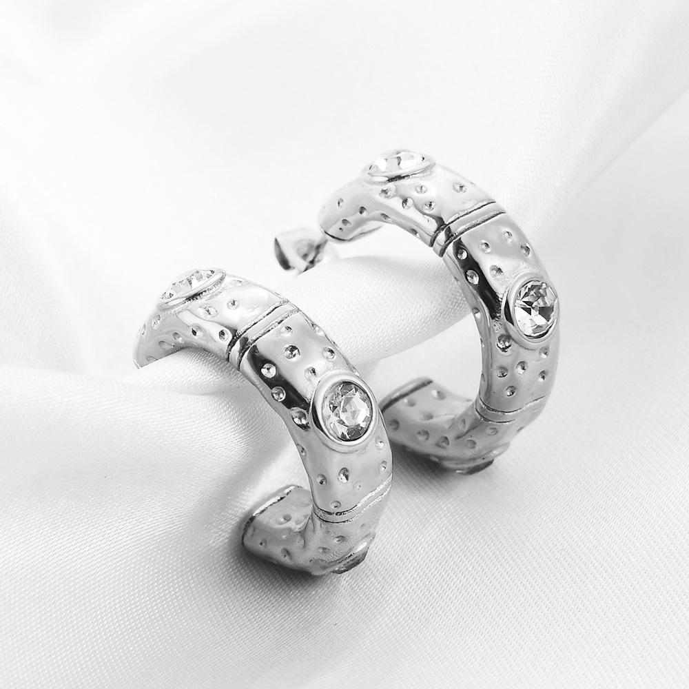 18K Gold Inlaid Diamond Zircon C-shaped Irregular Line Stainless Steel Earrings
