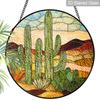 2D Flat Stained Glass Green Cactus Window Decoration, 6.3/7.87inches Desert Landscape Colored Glass Plate with Chain, Charming Spring Summer Sun