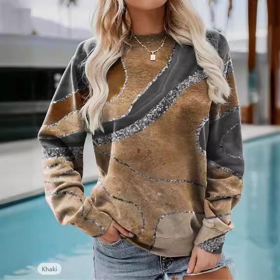 Ethnic-Style Japanese Mallow Wave Print Sweatshirt with Round Collar - 2024 Autumn/Winter Collection