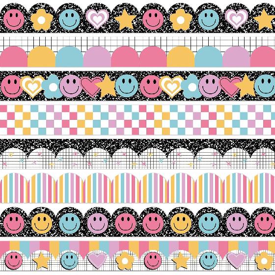 82Ft Bright Boho Bulletin Board Border Composition Smile Face Star Heart Plaid Stripe Adhesive Border Trim for Classroom Chalkboard Wall Decor Bright Smile Heart