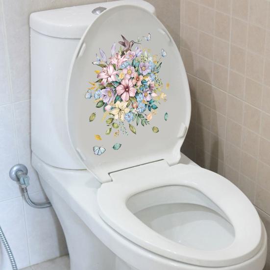 1 Set Toilet Sticker Flower Pattern Wall Decal Removable Self-adhesive Toilet Lid Sticker for Home Bathroom