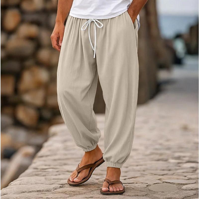 Men Elastic Waist Drawstring Casual Pants Loose Fit Ankle Cuffs Breathable Summer Beach Long Trousers
