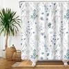 1Pc White Blue Floral Shower Curtain, Botanical Herb Wildflower Bouquet Dragonfly Waterproof Shower Curtain, Polyester Fabric