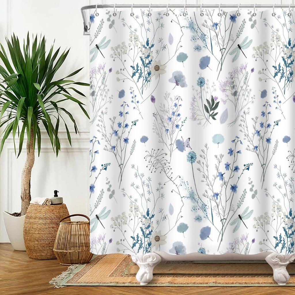 1Pc White Blue Floral Shower Curtain, Botanical Herb Wildflower Bouquet Dragonfly Waterproof Shower Curtain, Polyester Fabric