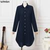 VONDA Spring Women Casual Lapel Neck Solid Color Texture Irregular Belt Long Sleeve Dress