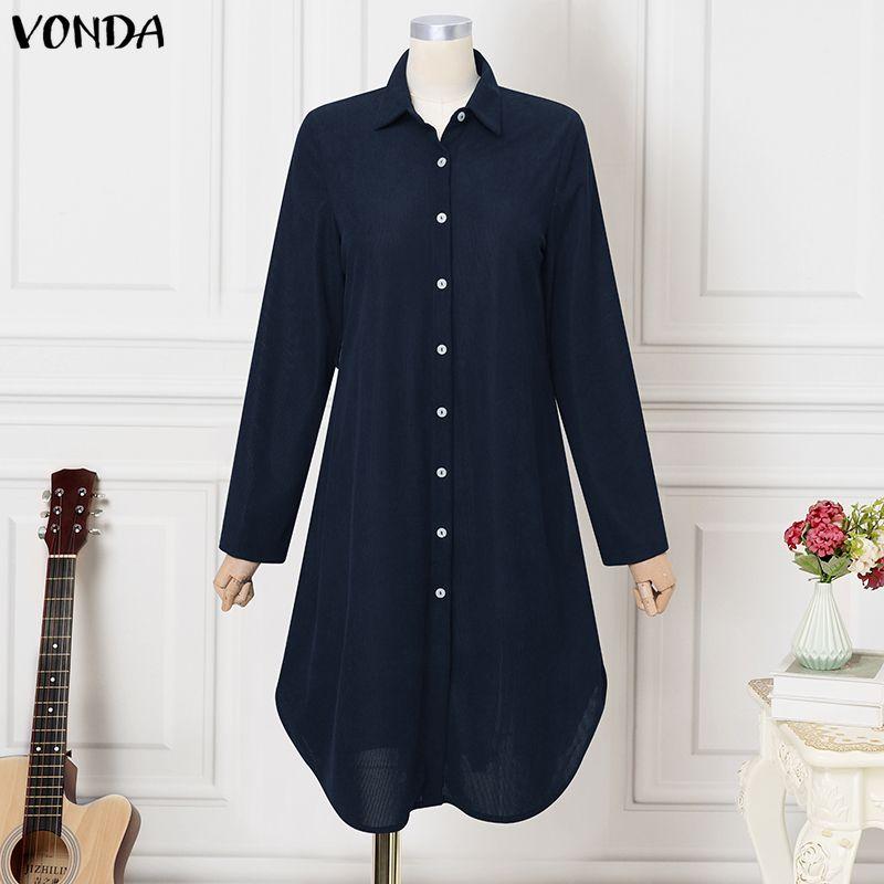 VONDA Spring Women Casual Lapel Neck Solid Color Texture Irregular Belt Long Sleeve Dress