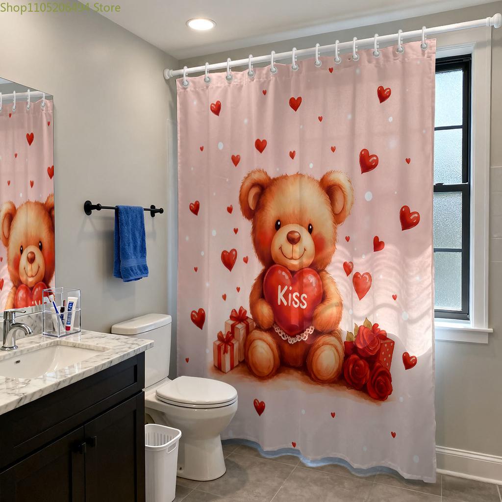 1pc Valentine's Day Happy Romantic Bear Print Waterproof Shower Curtain Partition Privacy Hanging Curtain 12 Hooks Multiple Si