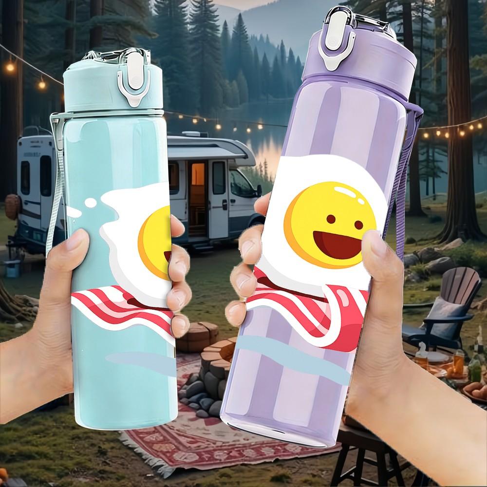 1PC Bread Cartoon Pattern 750ml Color Plastic Sports Water Bottle Leakproof Flip Straw Lid Suitable for Sports Office Home Use