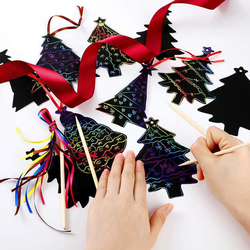 12/24/36Pcs Christmas Scratching Card DIY Art Painting Graffiti Art Christmas Tree Decoration Xmas Children Gift Festival Home Decor