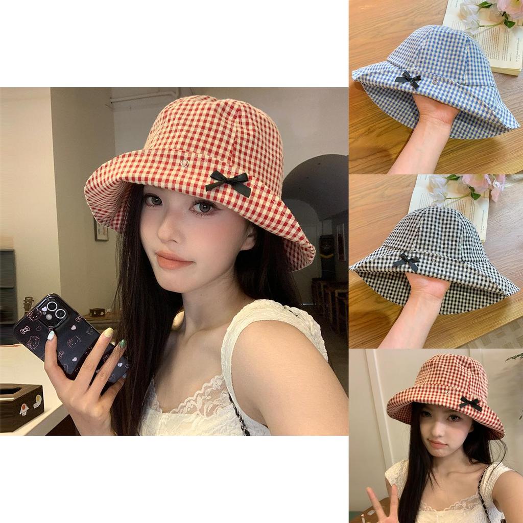 Stylish Korean Checkered Bowknot Fisherman Hat For Women Ideal For Summer Travel And Sun Protection