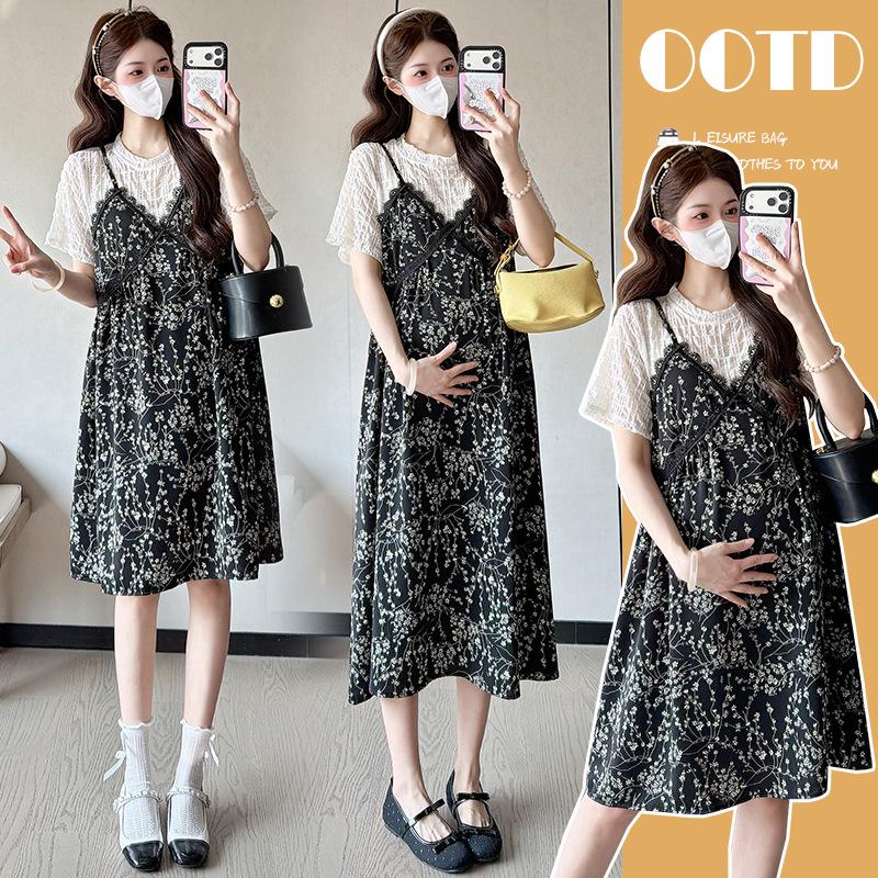 2026 Summer Maternity Floral Faux Two-Piece Slimming Dress