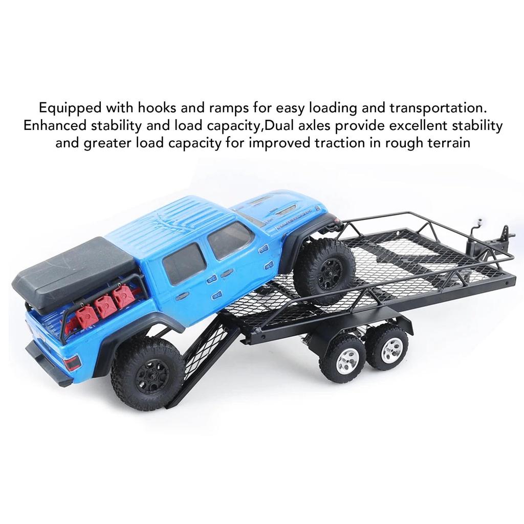 Rimorchio RC, Rimorchio RC in Scala 1/10 per Trainare Dietro un'Auto, Rimorchio Piattaforma in Metallo con Gancio di Traino e Ricevitore per RC Crawler 4 6 SCX10 Gen7 Gen8 Upgra