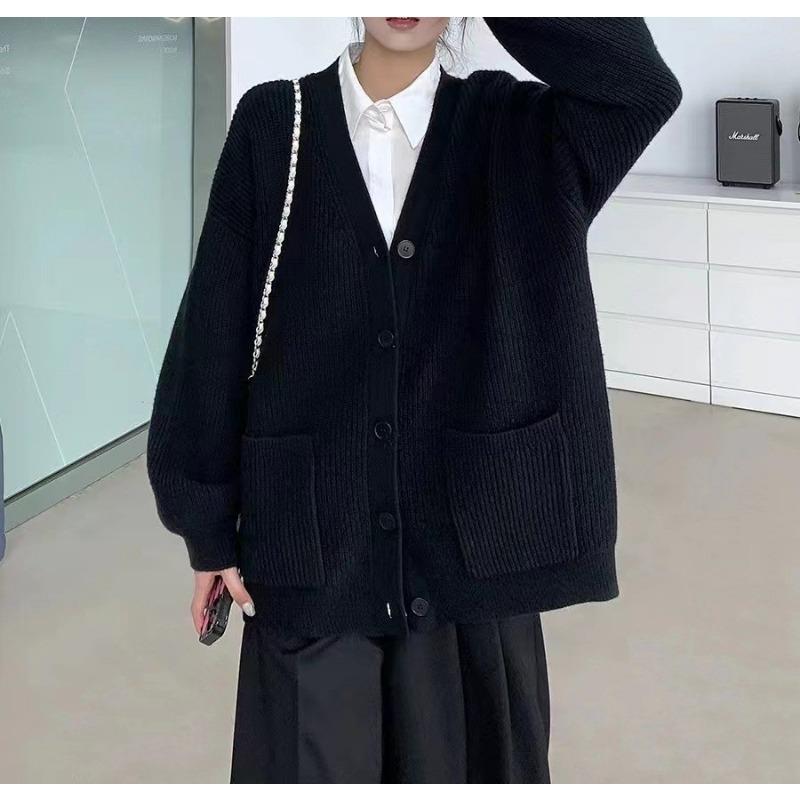 

Свободный и ленивый свитер-кардиган с V-образным вырезом, женский осенне-зимний простой однотонный универсальный вязаный жакет средней длины для женщин One size чёрный