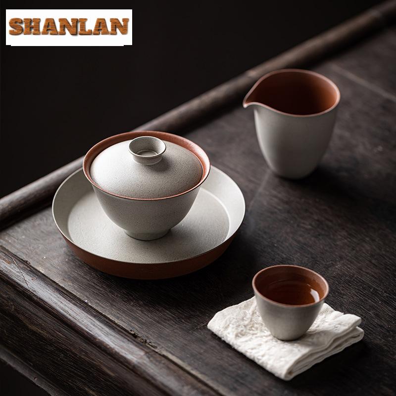 80ml Handmade Gray Coarse Pottery Gaiwan Retro Not Hot Respecting Tea Tureen Chinese Tea Maker Cover Bowl Cafe Accessories Craft