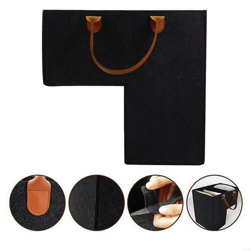 Stair Basket with Leather Handles Felt L-Shape Large Capacity Stair Step Bin Foldable Staircase for Clothes