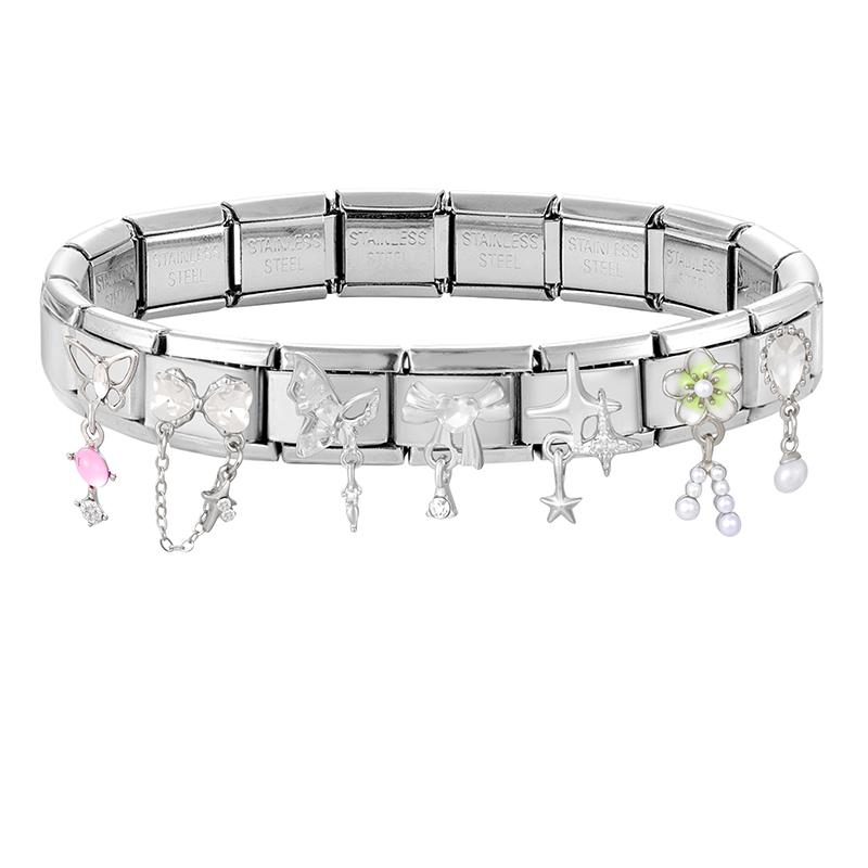 Women Zircon Heart Butterfly Moon Star Bow Pearl Pendant Italian Charm Links Fit 9mm Stainless Steel Bracelet DIY Making Gifts