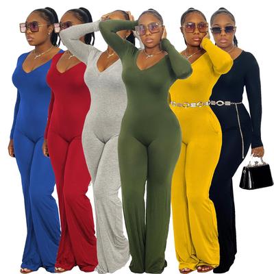 AL191 Women's European & American V-Neck Sexy Long Sleeve Bell Bottom Jumpsuit for Winter