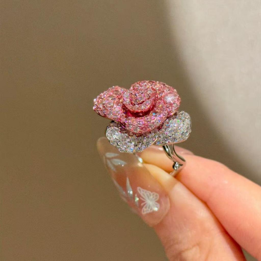 Women Light Luxury Open Ring Trendy Sweet Pink Rose Sparkling Rhinestone Design Unique Temperament Premium Daily Fashion Jewelry
