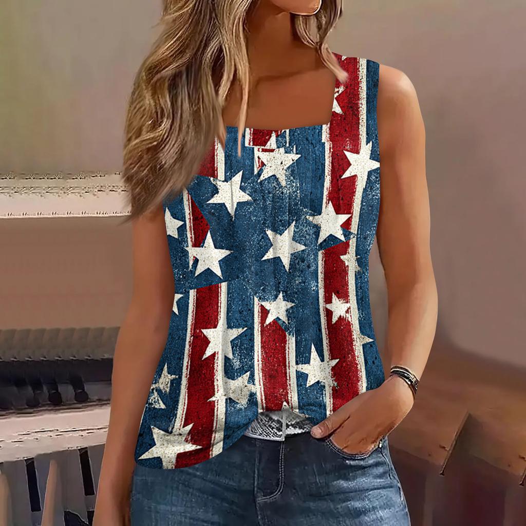 Square Collar Tank Top Women Print Tank Tee Casual Loose Fit Sleeveless Shirt