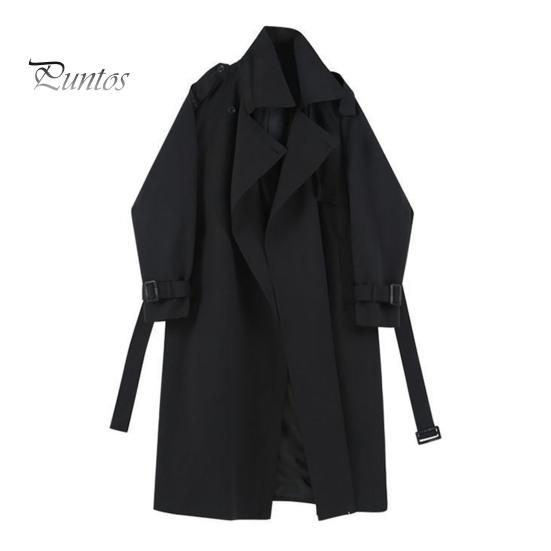 

Женская ветровка с отложным воротником, свободное однотонное пальто с длинными рукавами, декорированное поясом, пальто средней длины с карманами, ветрозащитная женская куртка XL чёрный