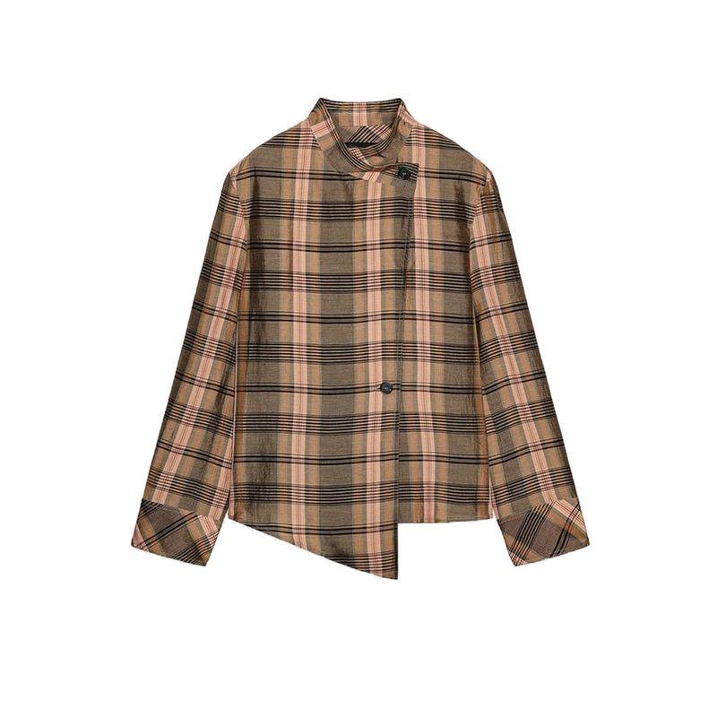 

Summer Women clothes Preppy Half-high Collar Long sleeve Linen Blend Plaid Loose Shirts Outerwear 3575671 Pale pink L