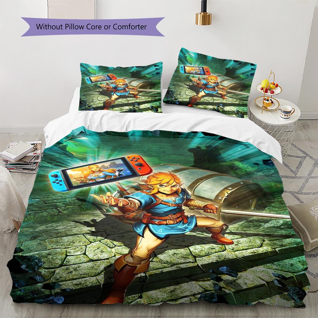 Link Zelda Vzor Ložní povlečení Sada prošívaných dek a povlaků na polštáře Domácí dekorace Dárek (1 * povlak na peřinu + 2 * povlak na polštář, bez jádra)