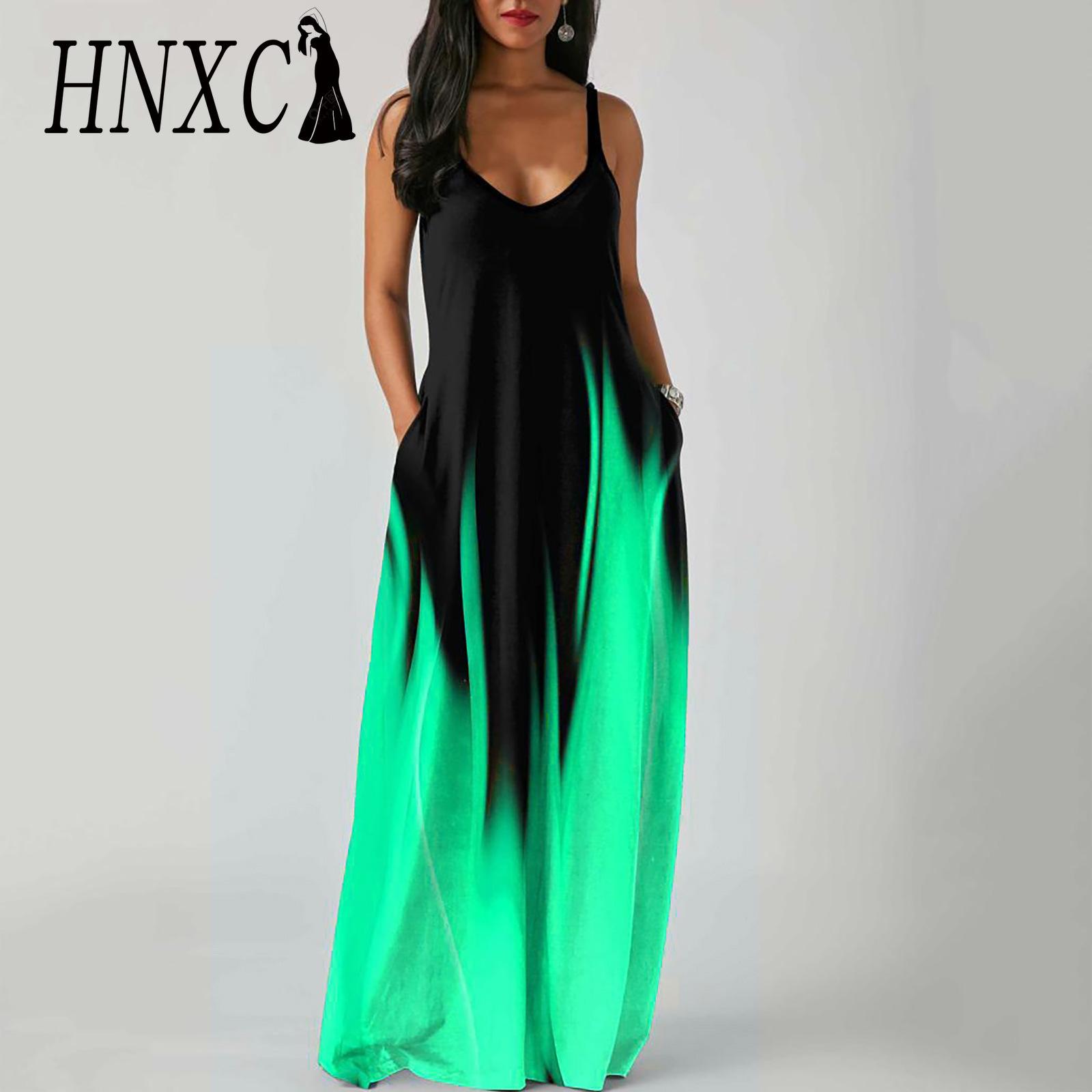 

HNXC Элегантное Модное Платье в Пол Без Рукавов с V-образным Вырезом Простое Женское Летнее Ретро с Принтом Свободное в Талии Прямого Покроя XXXL зелёный