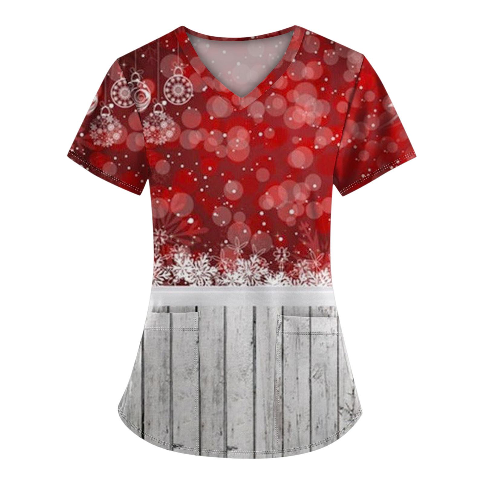 

Женская модная футболка с коротким рукавом и V-образным вырезом, карманом и рождественским принтом S белый