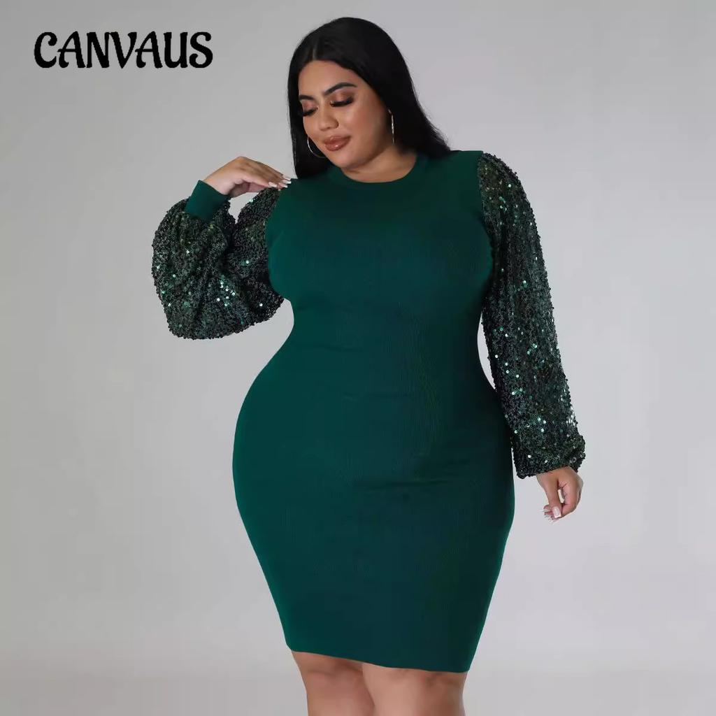Women's Dress Plus Size Sexy Solid Colour Sequins Bubble Sleeve Dresses