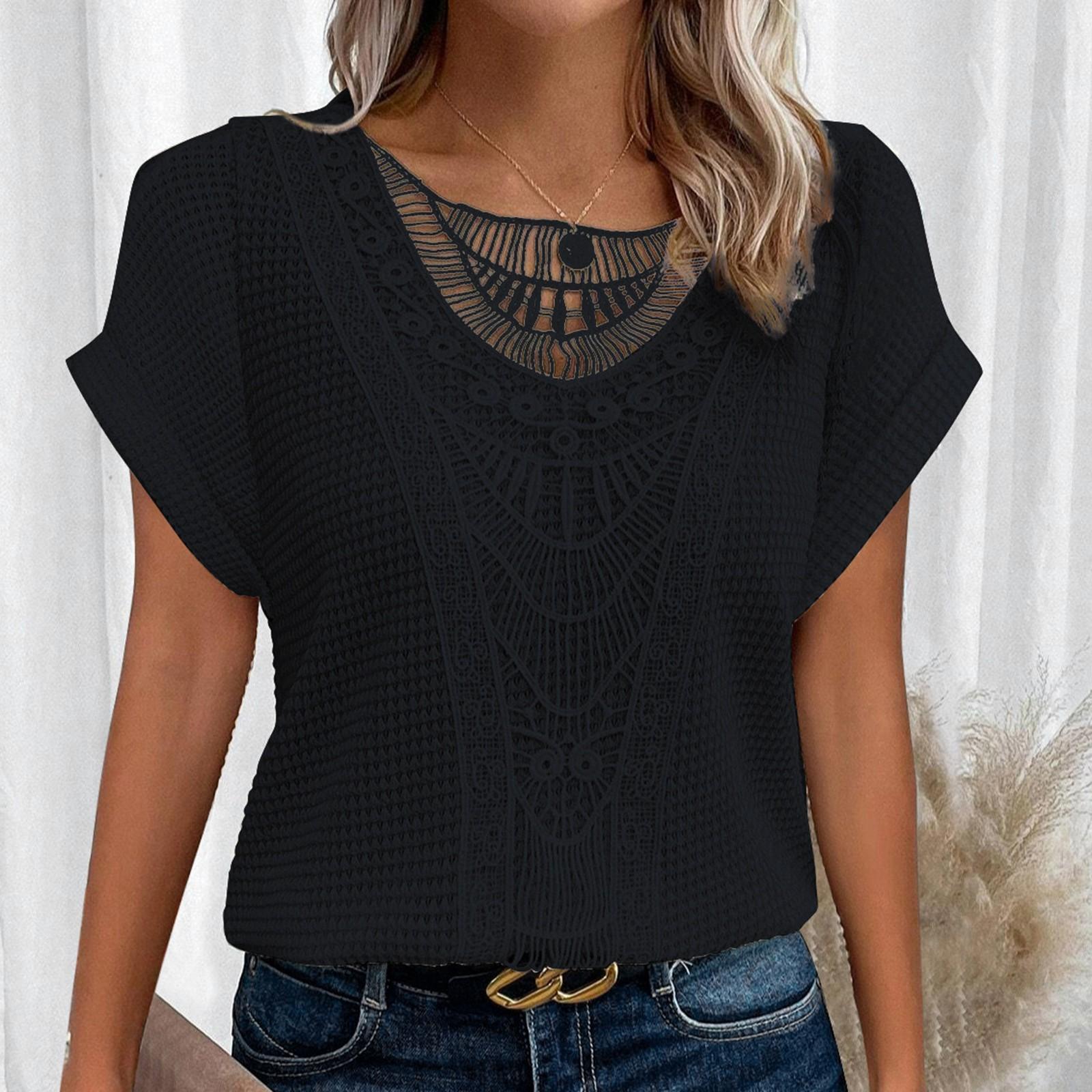 

Женские весенне-летние кружевные футболки с короткими рукавами и топами XXL чёрный