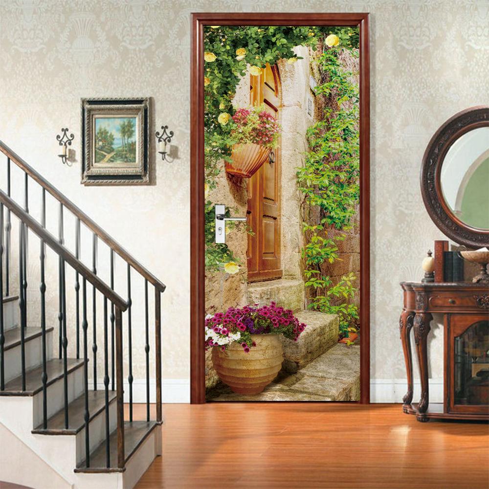 3D Door Mural Sticker Peel and Stick Door Wallpaper Golden Buddha Castle Moon Mermaid Flower Home Decor Removable