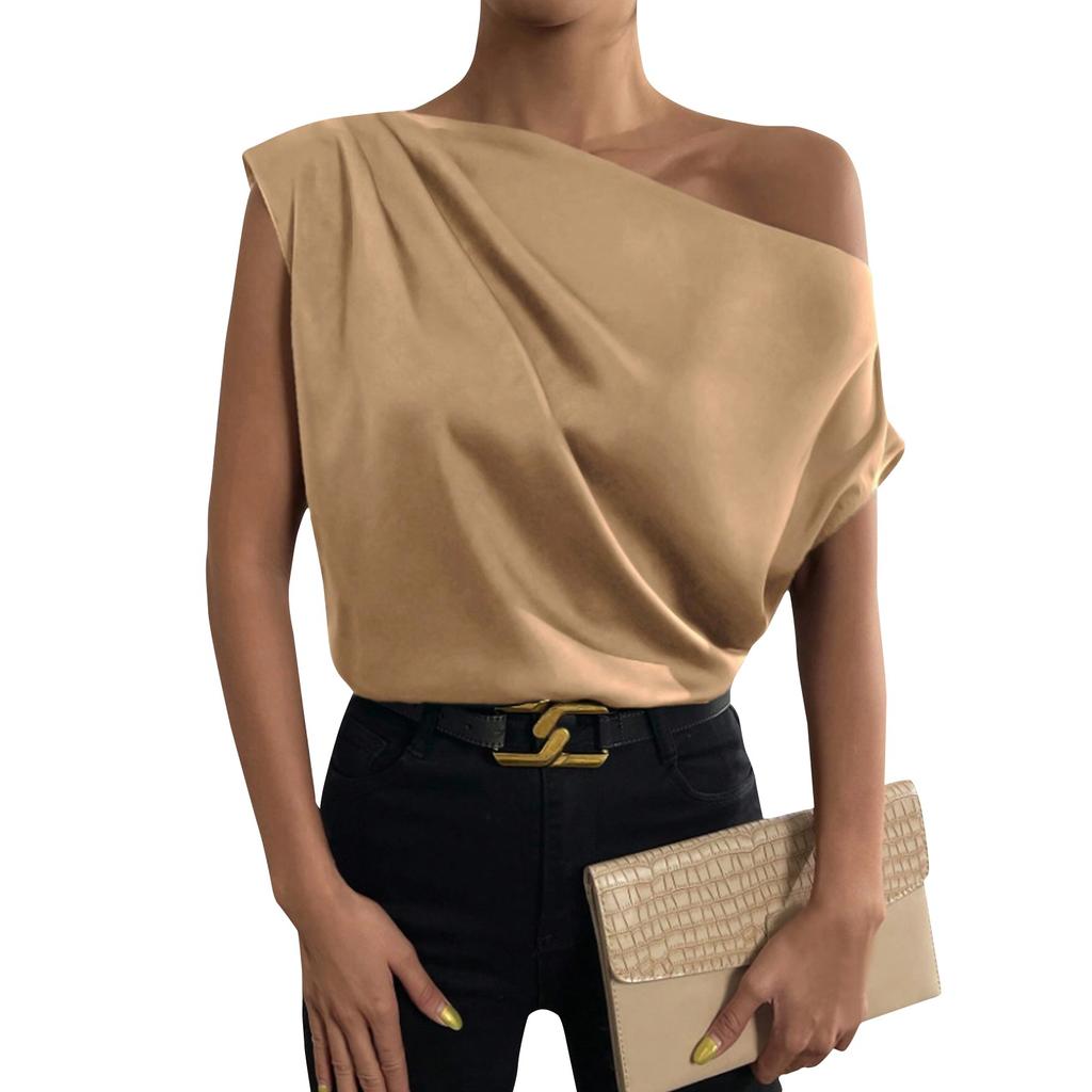 Summer Fashion Versatile Slant Collar Pinch-pleated One-Shoulder Asymmetric Vest