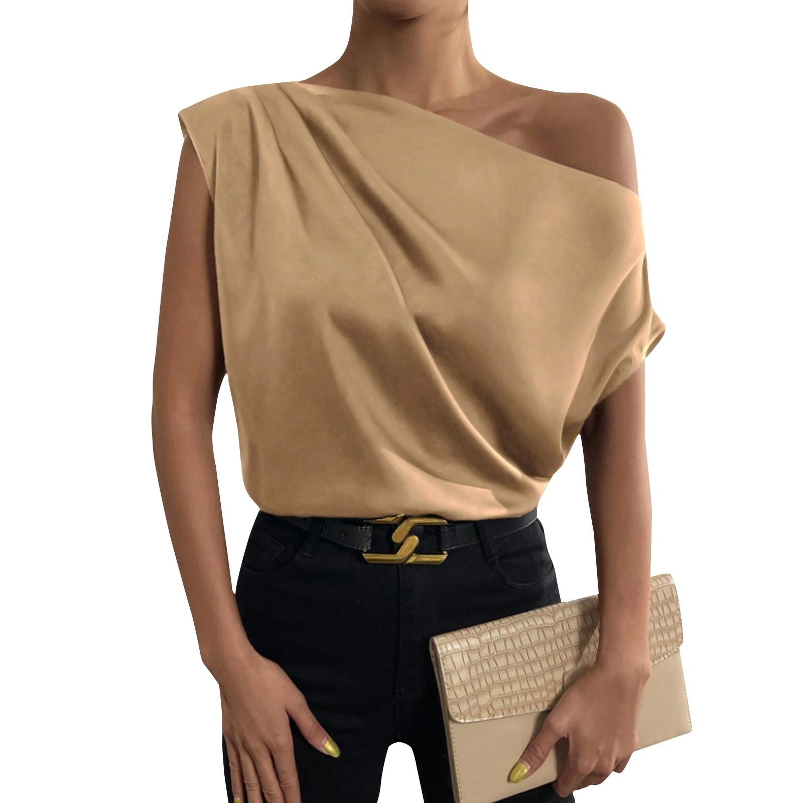 

Summer Fashion Versatile Slant Collar Pinch-pleated One-Shoulder Asymmetric Vest S золотий