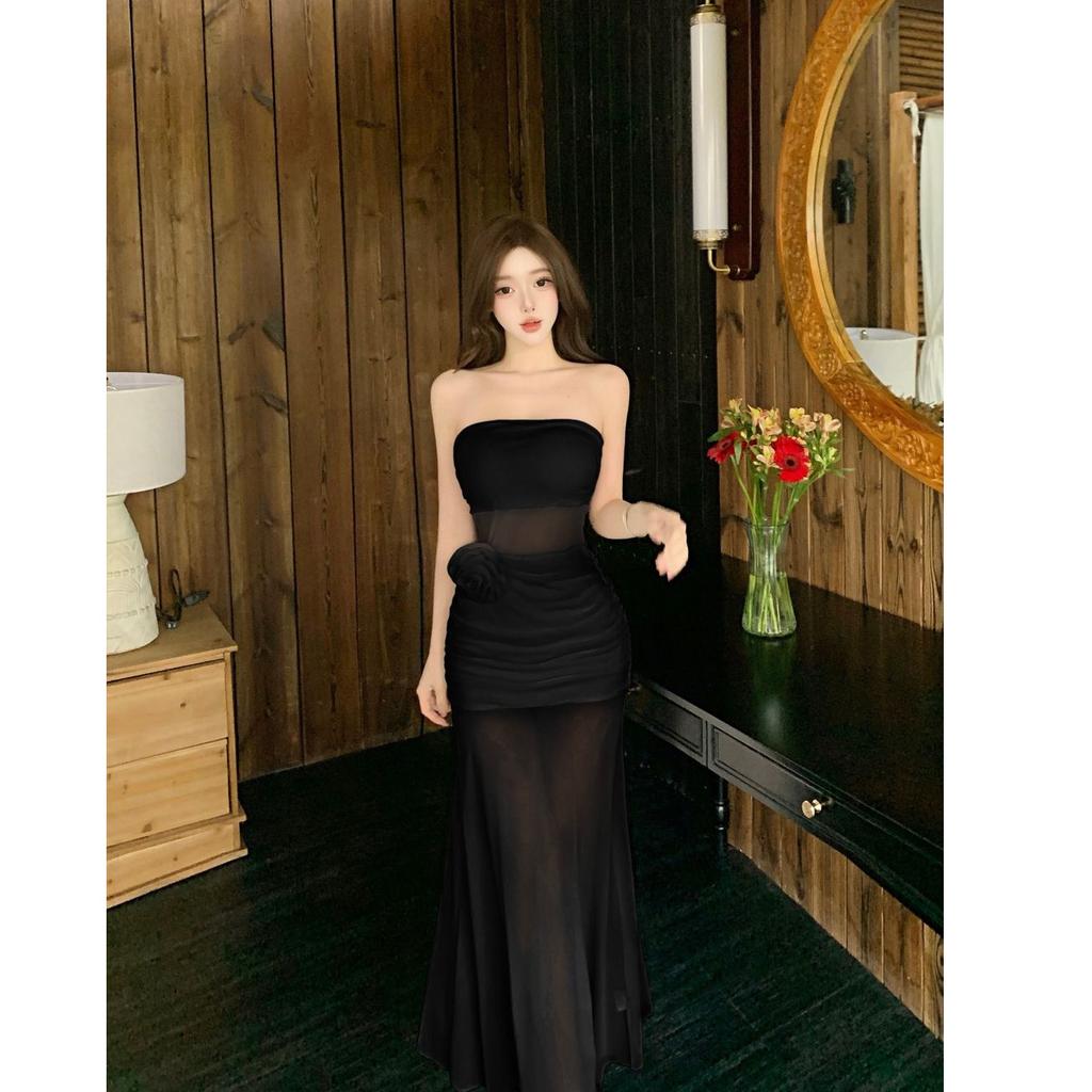 Seaside Holiday Style White Mesh Splicing Sleeveless Tube Top Dress, Super Beautiful, Waist and Hip Beach Dress