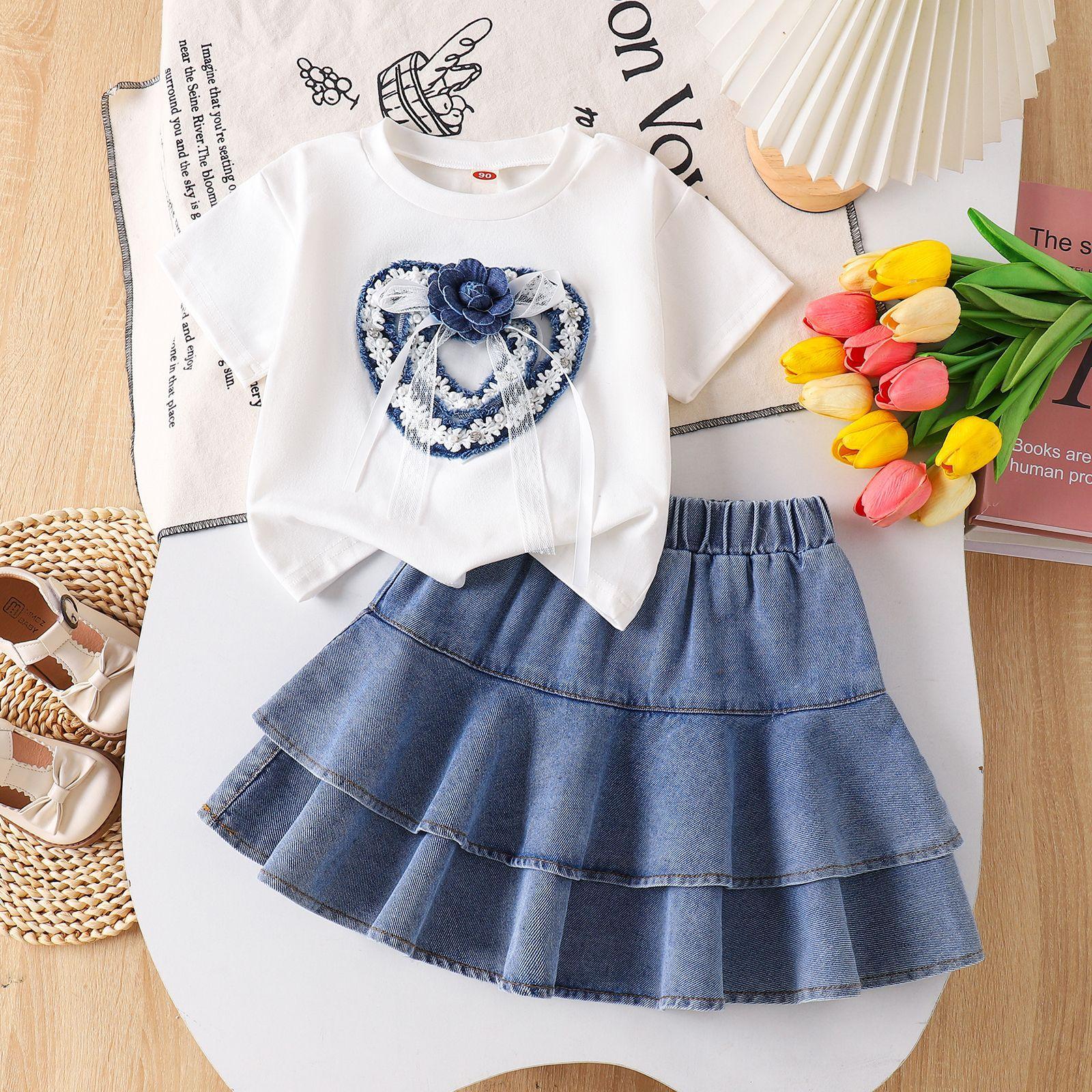 Children s Fashion Set: Summer Girls Heart-Print T-Shirt + Denim Skirt Set 100cm