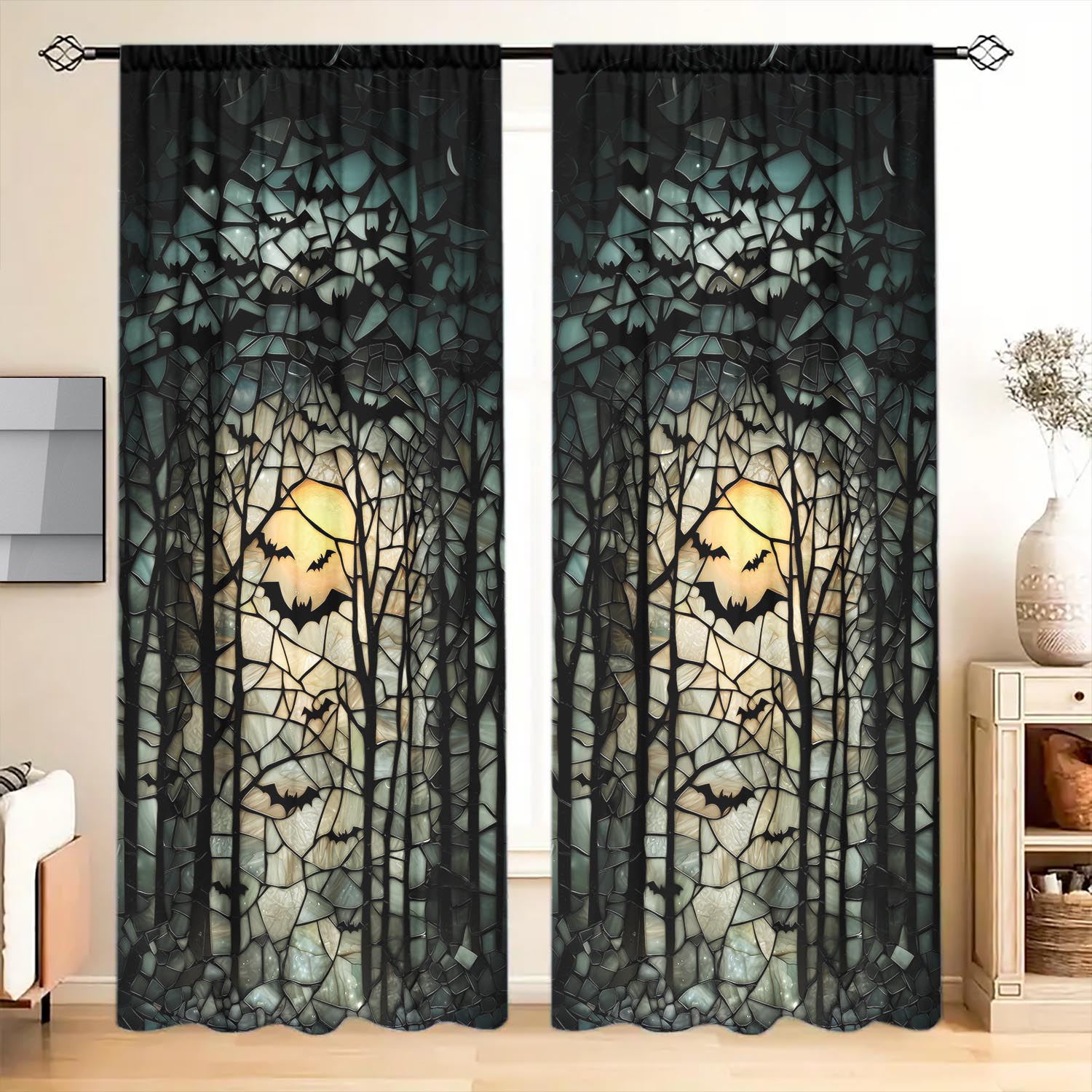 

2-Panels Terror Atmosphere Glass Window Semi Blackout Curtains Half Blackout Suitable for Artistic Home Decorative Curtains 100*130 HOOK 1pcs