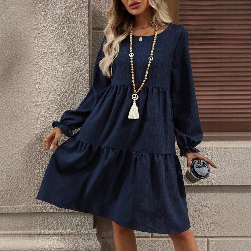 Autumn and winter women's clothing, fashionable and casual solid color long-sleeved crew neck loose dress